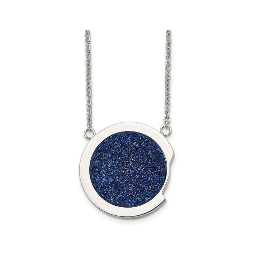 Blue Druzy Stainless Steel Circle Pendant Necklace with Chain (17.75 Inches) Image 1