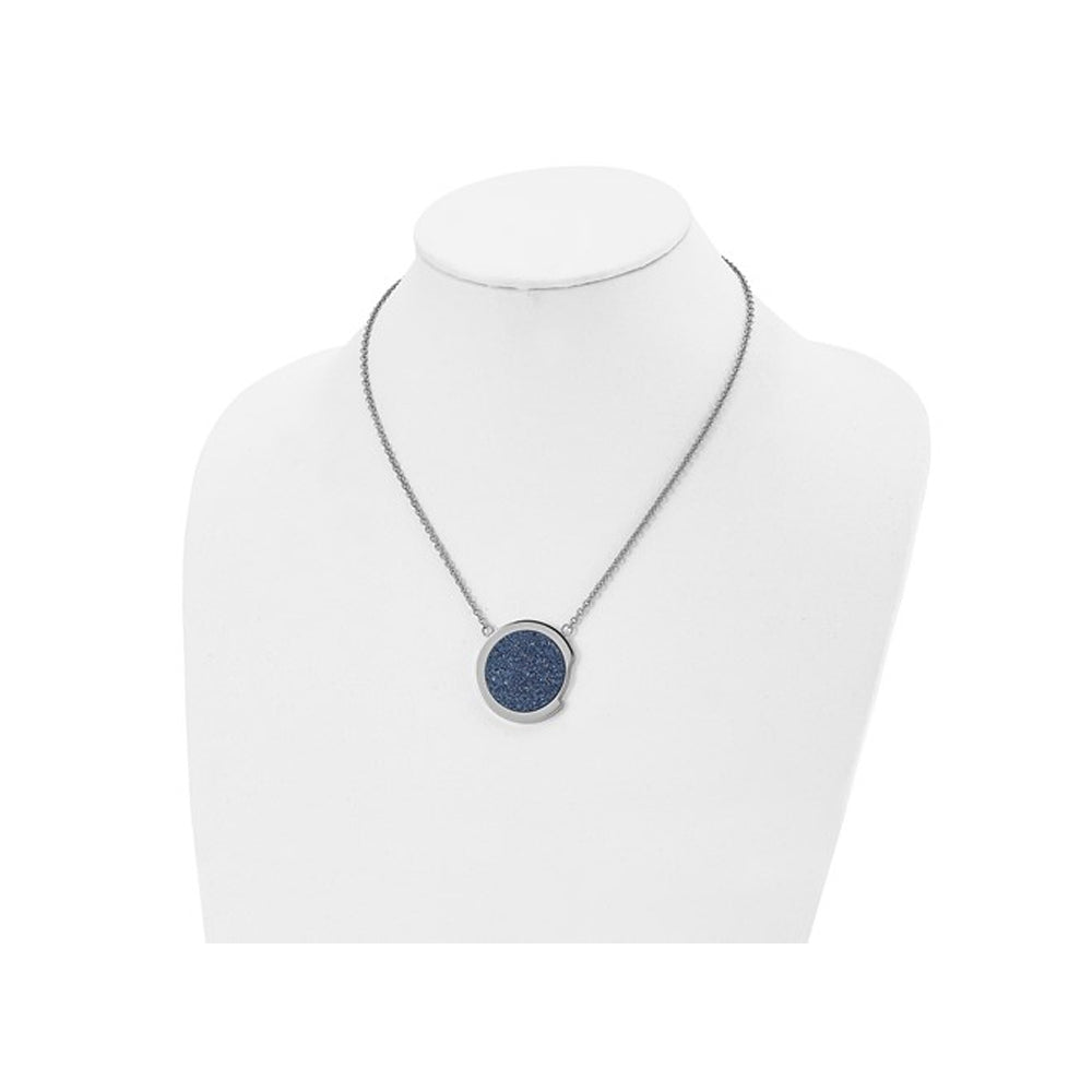 Blue Druzy Stainless Steel Circle Pendant Necklace with Chain (17.75 Inches) Image 3