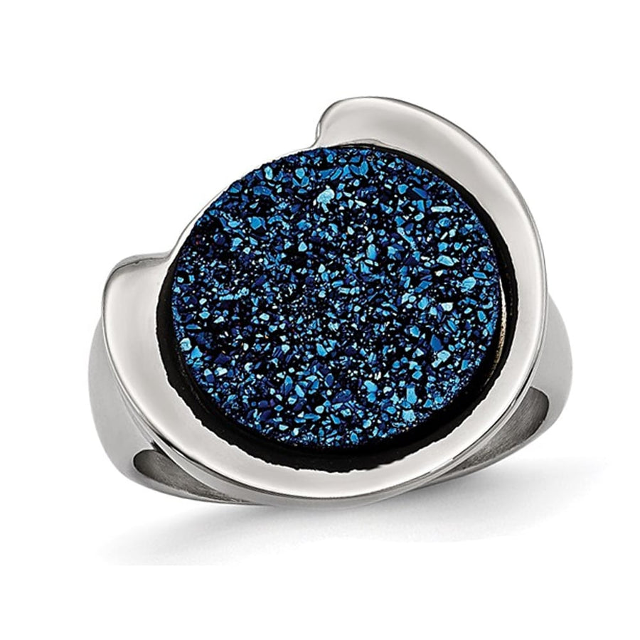 Blue Druzy Ring in Polished Stainless Steel Image 1