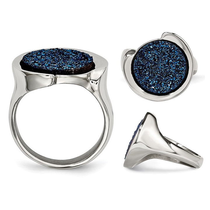 Blue Druzy Ring in Polished Stainless Steel Image 3