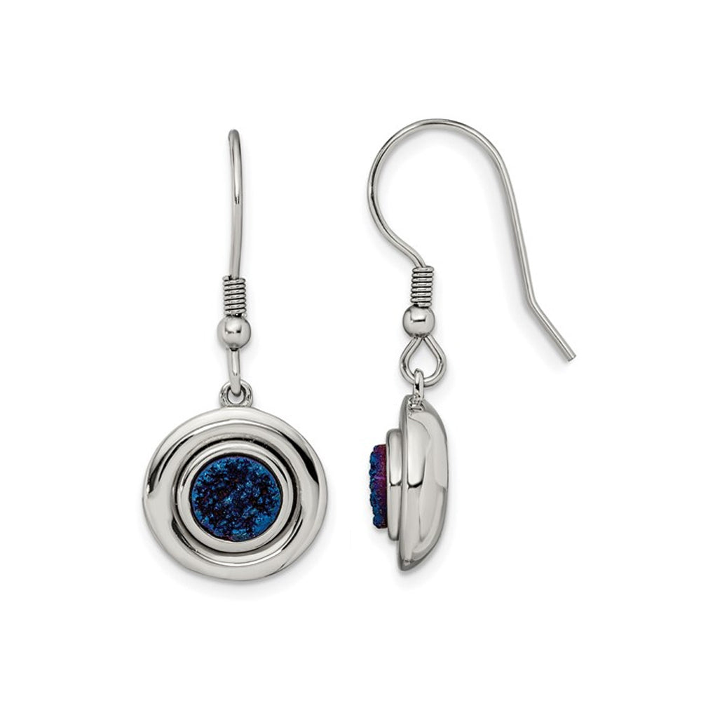 Blue Druzy Dangle Earrings in Polished Stainless Steel Image 1