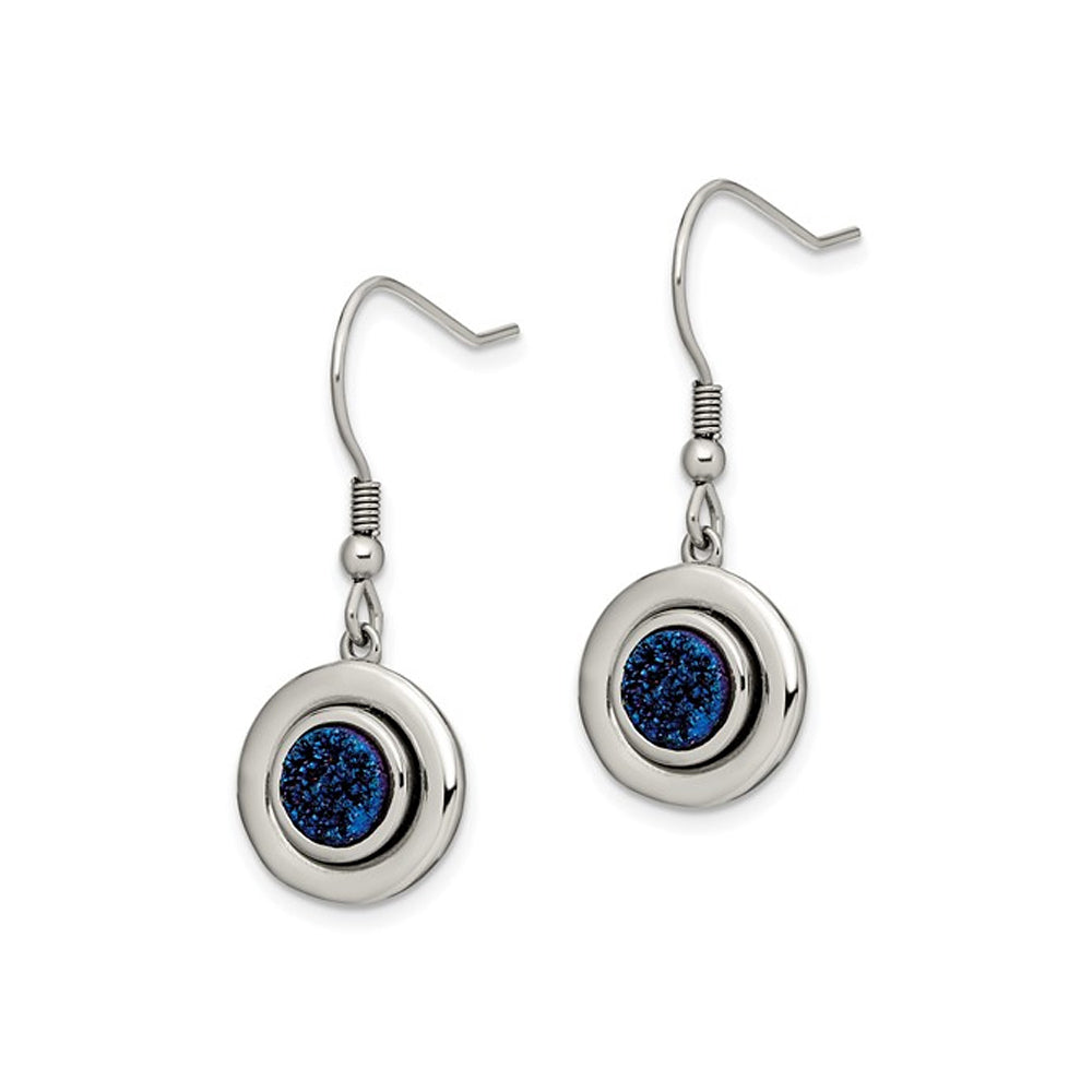 Blue Druzy Dangle Earrings in Polished Stainless Steel Image 3