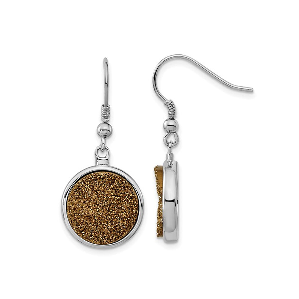 Yellow Druzy Dangle Circle Earrings in Polished Stainless Steel Image 1