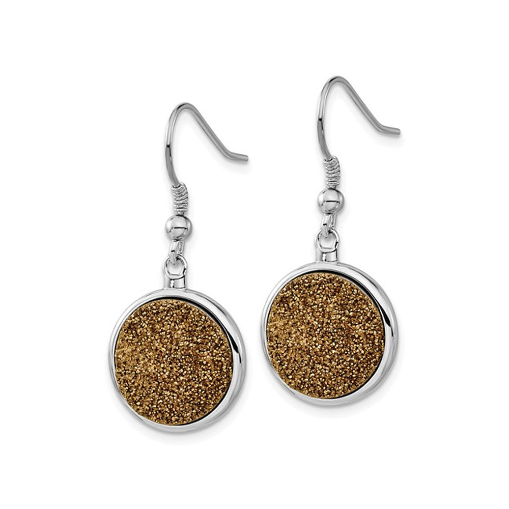 Yellow Druzy Dangle Circle Earrings in Polished Stainless Steel Image 2