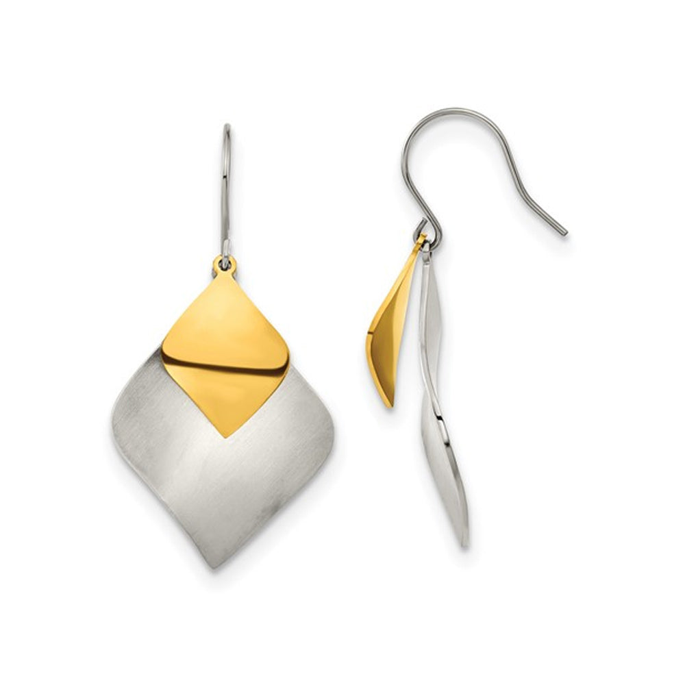 Stainless Steel Brushed and Polished Yellow Plated Dangle Earrings Image 1