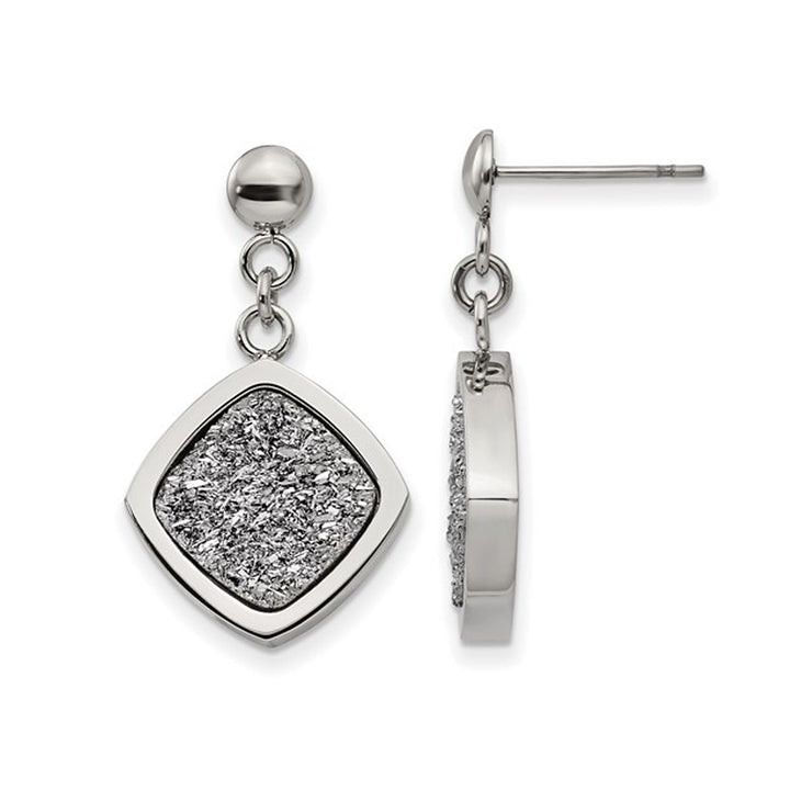 Silver Druzy Dangle Earrings in Polished Stainless Steel Image 1