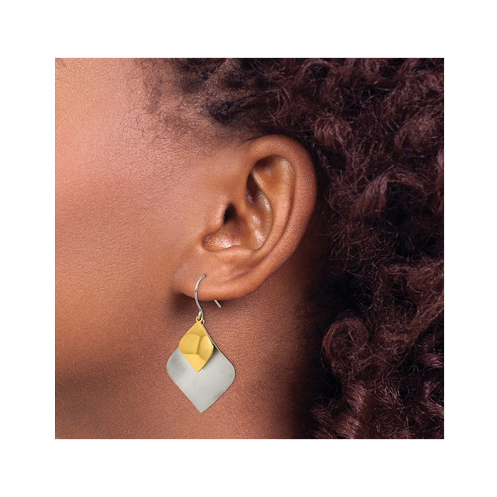 Stainless Steel Brushed and Polished Yellow Plated Dangle Earrings Image 3