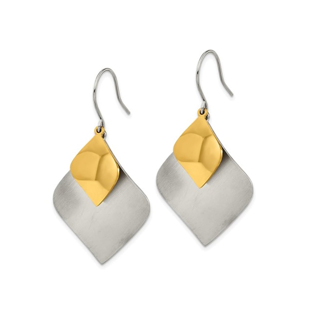 Stainless Steel Brushed and Polished Yellow Plated Dangle Earrings Image 4