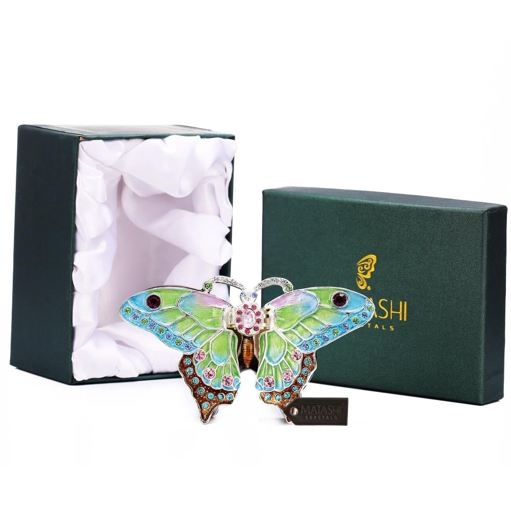 Matashi Hand Painted Butterfly in Flight Ornament/Trinket Box Embellished with 24K Gold and fine Crystals Image 1