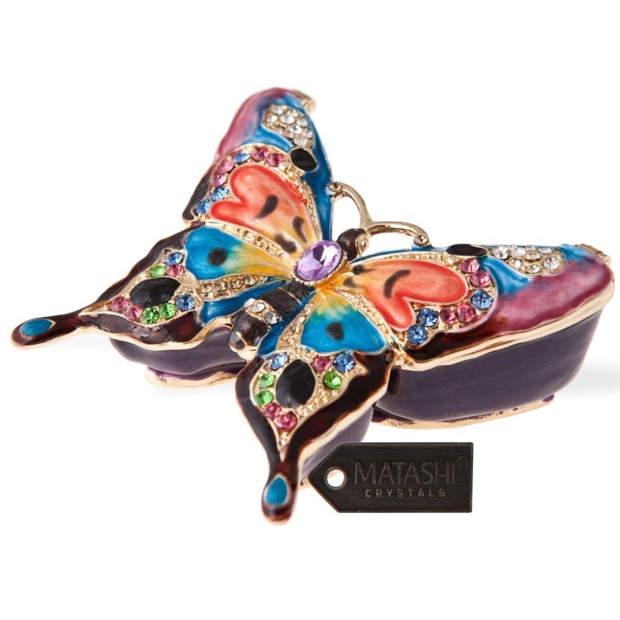 Matashi Hand Painted Butterfly in Flight Ornament/Trinket Box Embellished with 24K Gold and fine Matashi Crystals Image 1