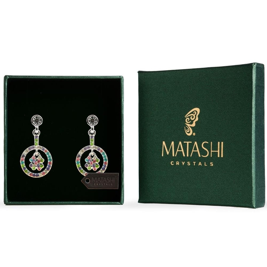 Matashi Rhodium Plated Earrings w Round Lucky Four Leaf Clover Design and Multi Colored Crystals Womens Jewelry Gift for Image 1