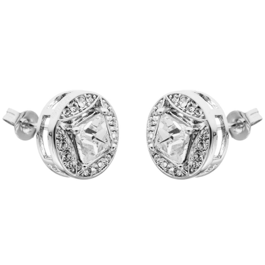 Matashi 18K White Gold Plated 2-In-1 Interconnecting Stud Earrings Set w Circle/Square Design and Crystals Womens Image 1