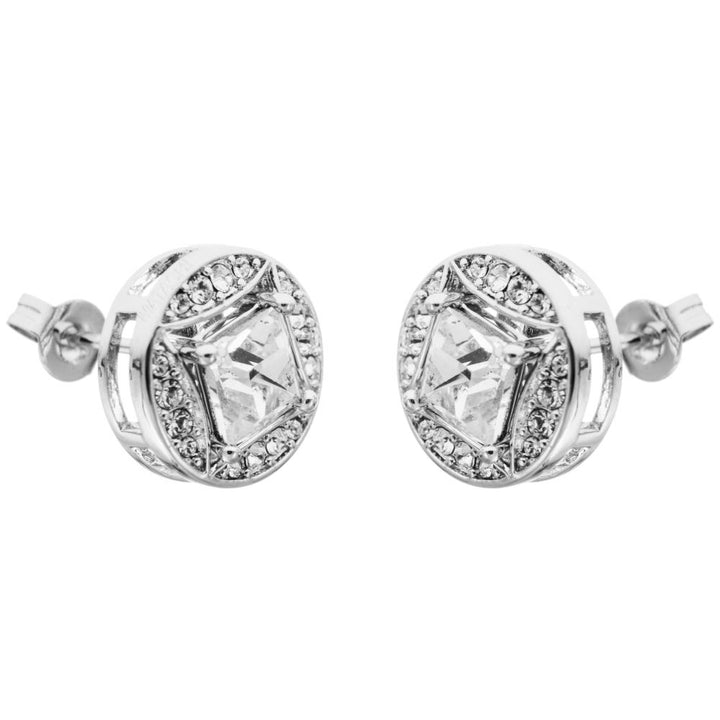 Matashi 18K White Gold Plated 2-In-1 Interconnecting Stud Earrings Set w Circle/Square Design and Crystals Womens Image 1