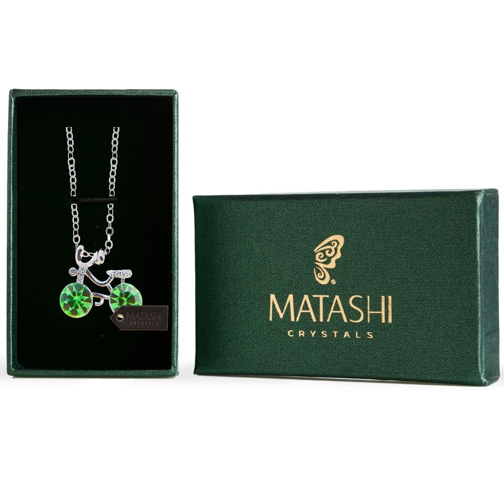 Matashi Rhodium Plated Necklace w Bicycle Design and 16" Extendable Chain w Olive Green Crystals Womens Jewelry Gift for Image 1