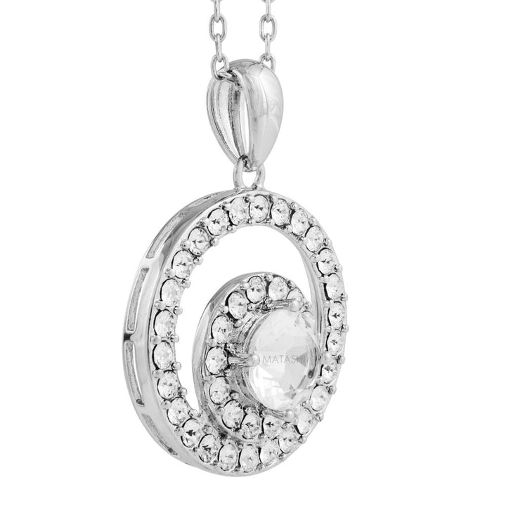 Matashi 18K White Gold Plated Necklace w Concentric Double Circle Design w 16" Chain and Crystals Womens Jewelry Gift Image 3