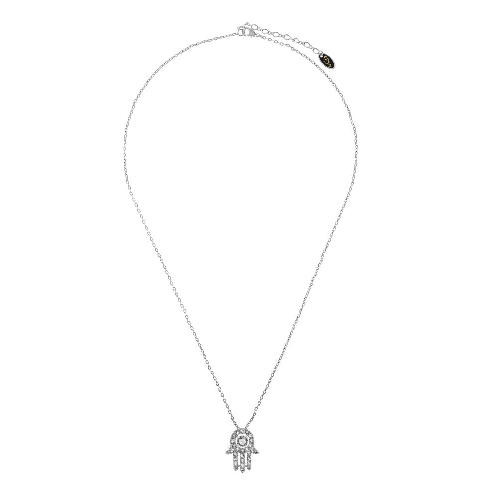 Matashi 18K White Gold Plated Necklace w Hamsa (Hand of Fatima) Design w 16" Extendable Chain and Crystals Womens Image 4