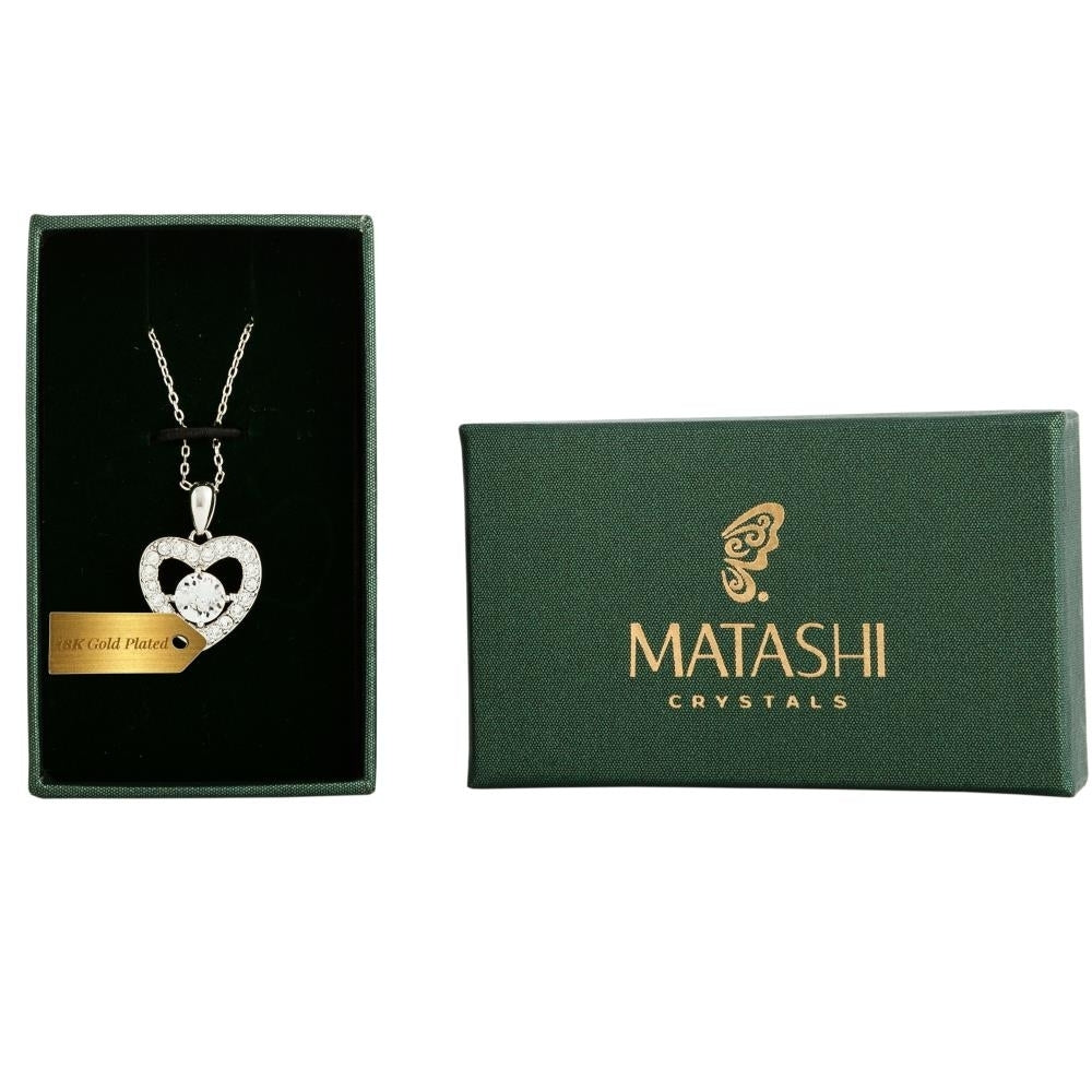 Matashi 18K White Gold Plated Necklace w Crystal Centered Heart Design w 16" Extendable Chain and Crystals Womens Image 1