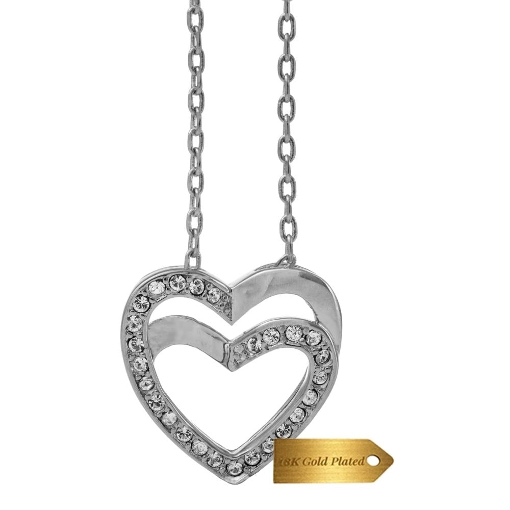 Matashi White Gold Plated Double Heart Pendant Necklace w Sparkling Clear Crystals Womens Jewelry Gift for Christmas Image 1