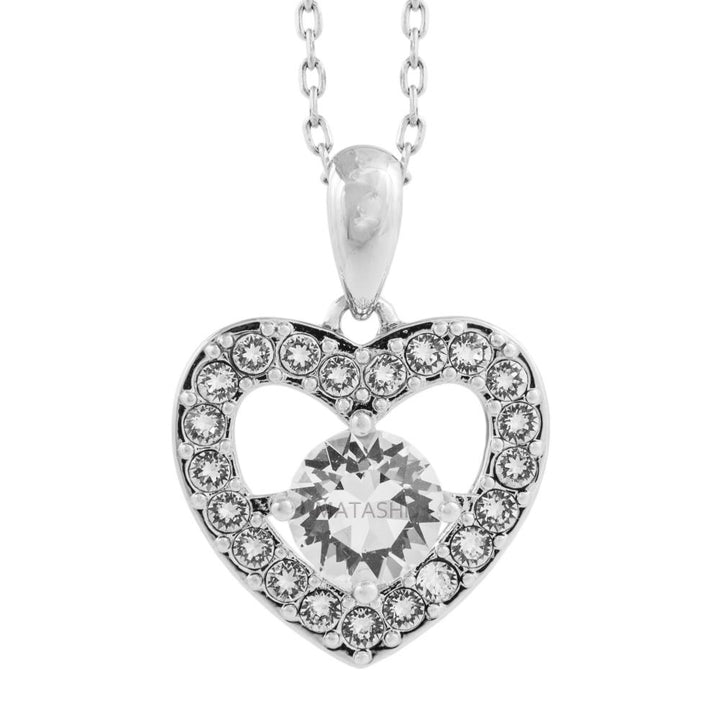 Matashi 18K White Gold Plated Necklace w Crystal Centered Heart Design w 16" Extendable Chain and Crystals Womens Image 2