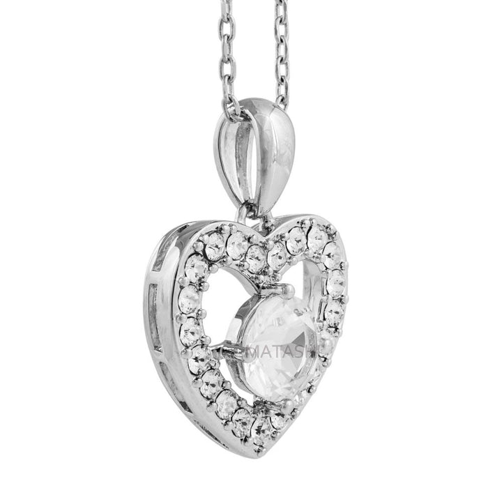 Matashi 18K White Gold Plated Necklace w Crystal Centered Heart Design w 16" Extendable Chain and Crystals Womens Image 3