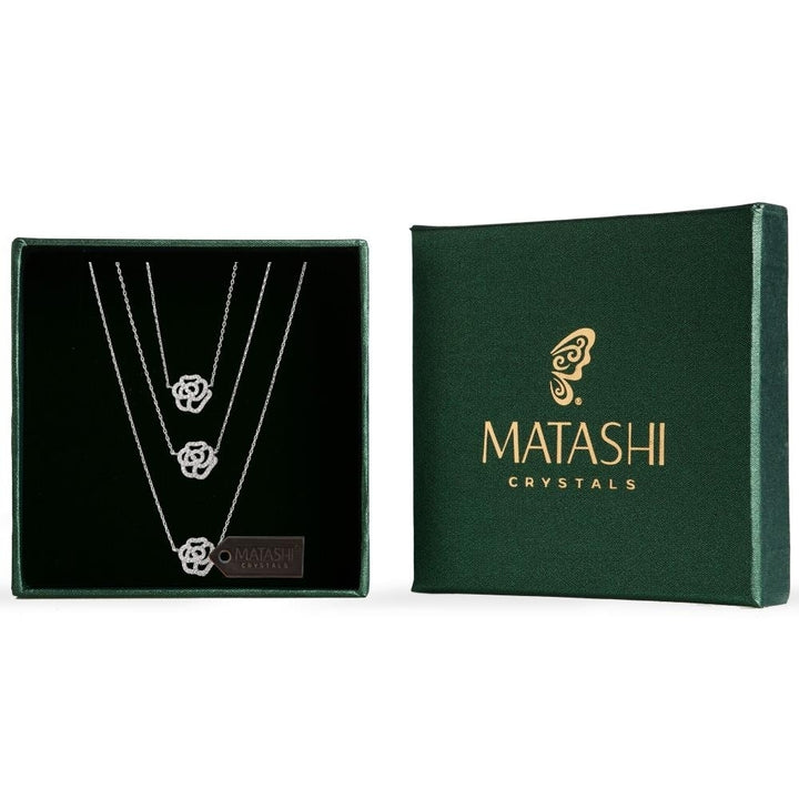 Matashi Rhodium Plated 3 Strand Rose Chain Necklace Jewelry for Women Layered 3 Floral Zircon Pendant Adjustable Chain Image 1