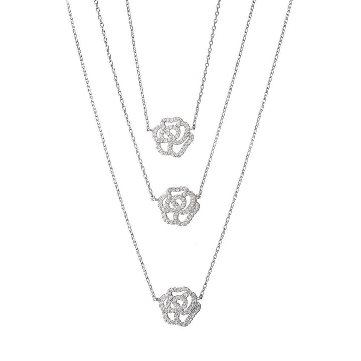 Matashi Rhodium Plated 3 Strand Rose Chain Necklace Jewelry for Women Layered 3 Floral Zircon Pendant Adjustable Chain Image 2