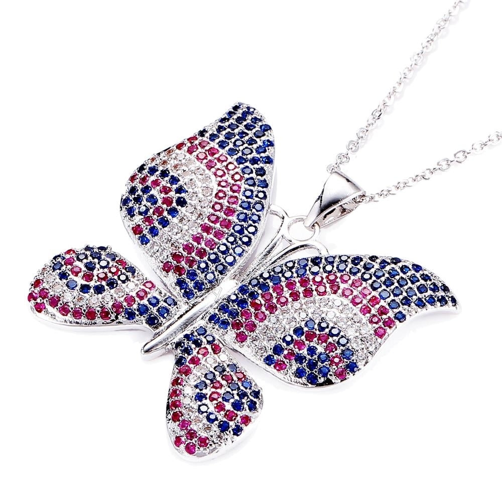 Matashi Rhodium Plated Butterfly Necklace w Pink Blue Clear CZ Stones Christmas Wife Girlfriend Gift for Birthday Image 3