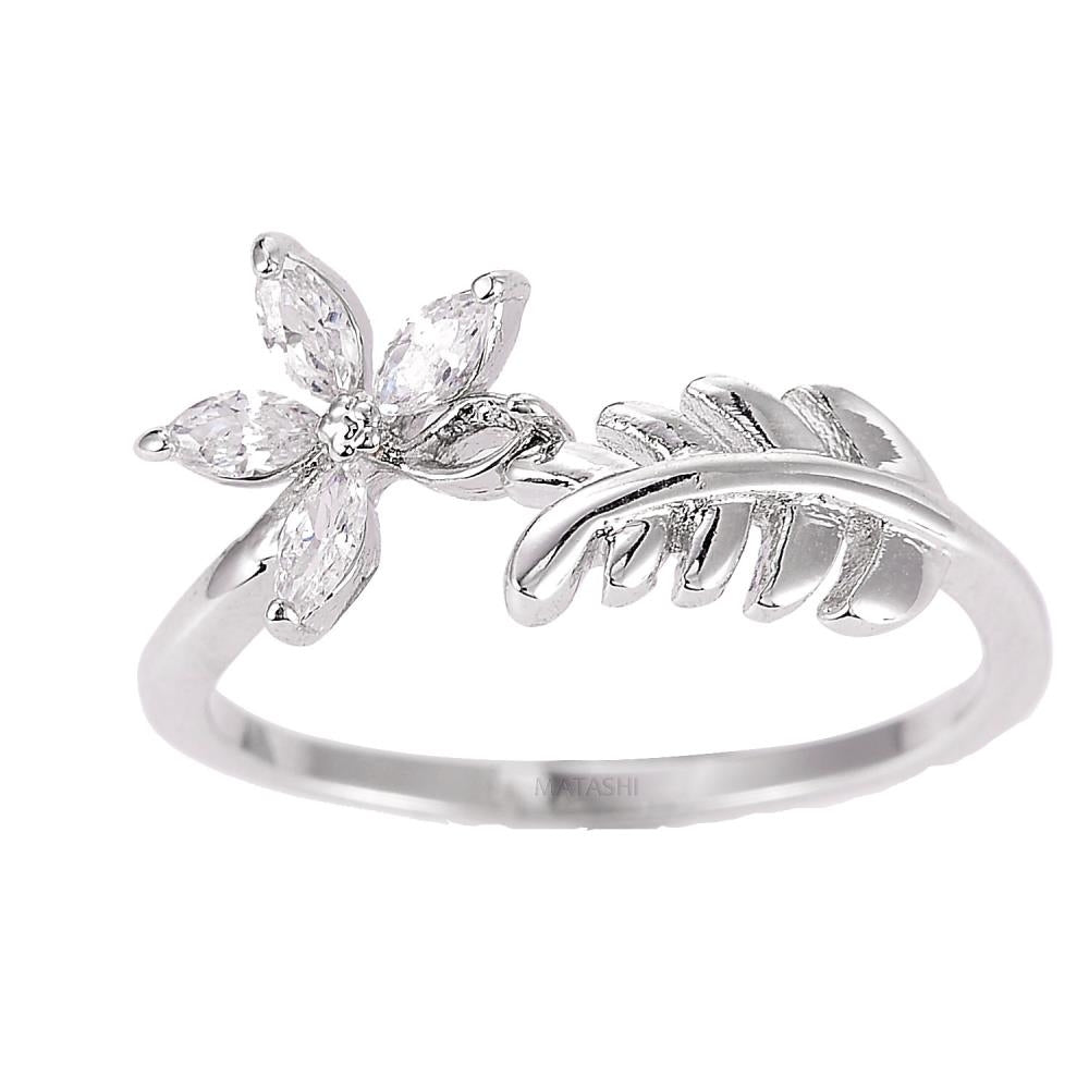Matashi Rhodium Plated Flower Zircon Ring for Women - Open Cocktail Flower Ring Fashion Jewelry (Size 5) Image 2