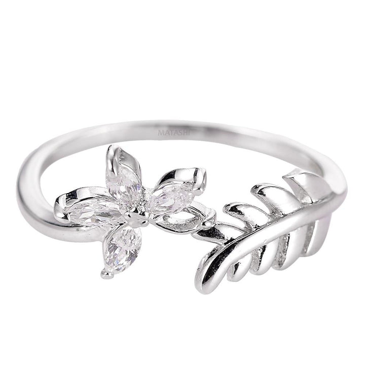 Matashi Rhodium Plated Flower Zircon Ring for Women - Open Cocktail Flower Ring Fashion Jewelry (Size 5) Image 3