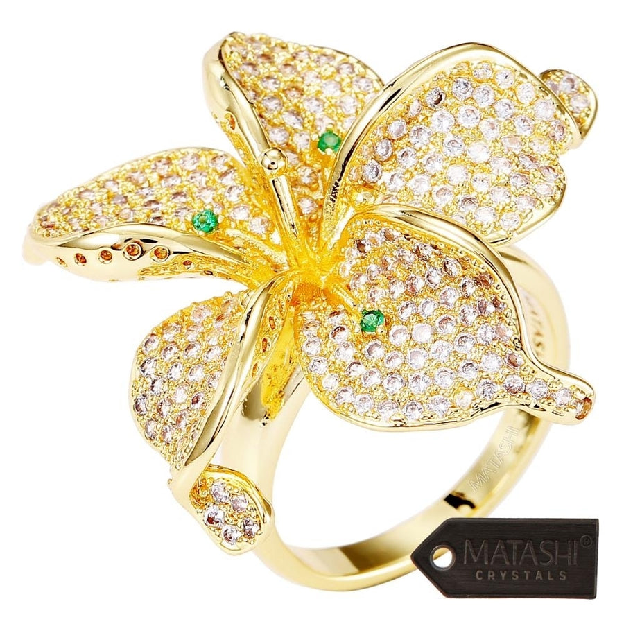 Matashi Flower Ring for Women Cubic ZirconiumGold-Plated w/ Clear and Green CrystalsIntricate Floral Designs (Size 5) Image 1