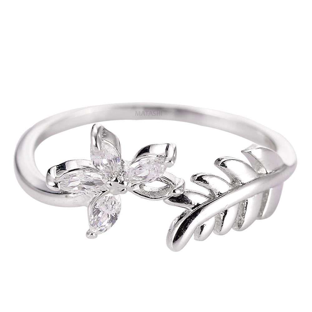 Matashi Rhodium Plated Flower Zircon Ring for Women - Open Cocktail Flower Ring Fashion Jewelry Size 8 Image 3