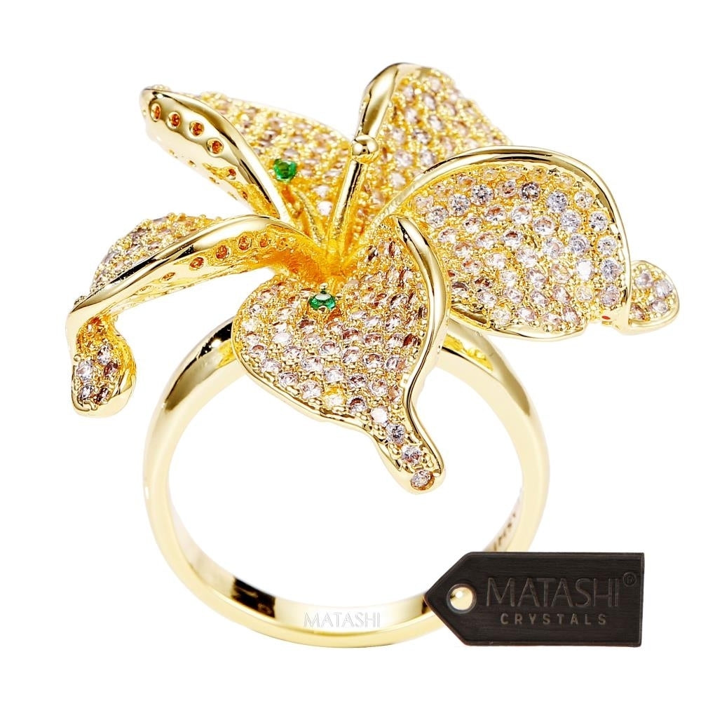 Matashi Flower Ring for Women Cubic ZirconiumGold-Plated w/ Clear and Green CrystalsIntricate Floral Designs (Size 5) Image 2