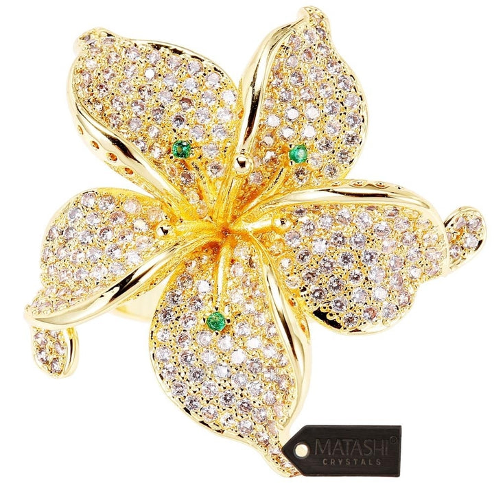 Matashi Flower Ring for Women Cubic ZirconiumGold-Plated w/ Clear and Green CrystalsIntricate Floral Designs (Size 5) Image 3
