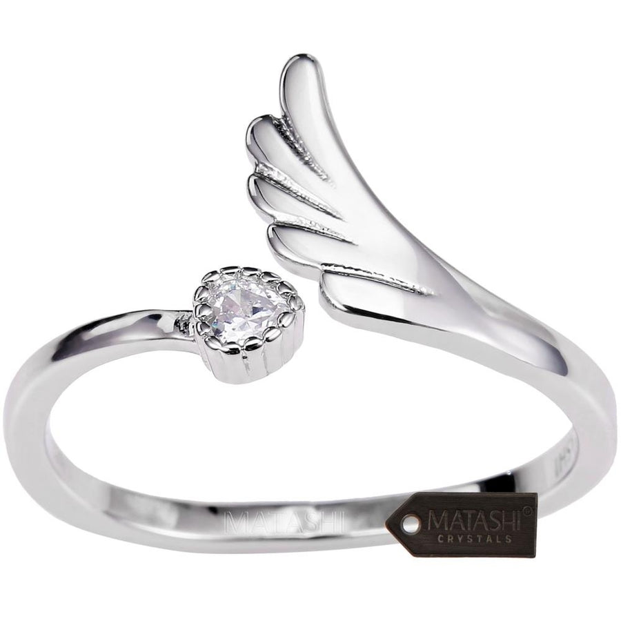 Matashi Rhodium Plated Wrap Ring With Wing and Beautiful CZ Stone Size 5 - Mesmerizing Crystal Clear Stone Comfy Fit Image 1