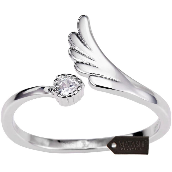 Matashi Rhodium Plated Wrap Ring With Wing and Beautiful CZ Stone Size 6 - Comfy Fit and Elegant Feel For Every Woman Image 1