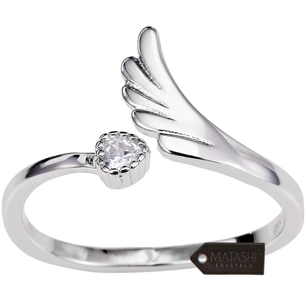 Matashi Rhodium Plated Wrap Ring With Wing and Beautiful CZ Stone Size 7 - Mesmerizing Crystal Clear Stone Image 1