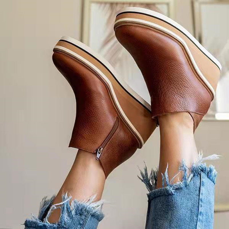 Simple Zipper Wedge Flat Shoes Image 2