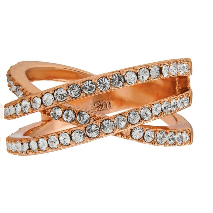 Matashi Rose Gold Plated Double Crossed Ring with Luxury Sparkling Crystals Pave Design Size 5 Image 1