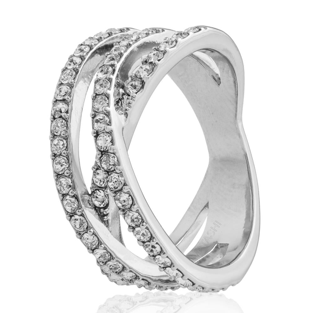Matashi 18k White Gold Plated Double Crossed Ring with Luxury Sparkling Crystals Pave Design  Size 5 Image 4