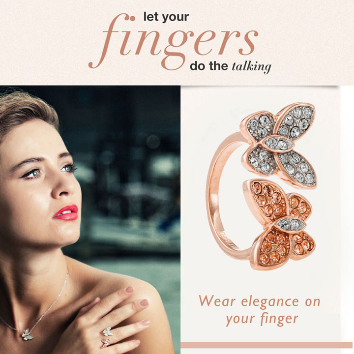 Matashi Rose Gold Plated Butterfly Motif Ring With Sparkling Clear And Matashi Rose Gold Colored Crystal Stones  size 7 Image 7