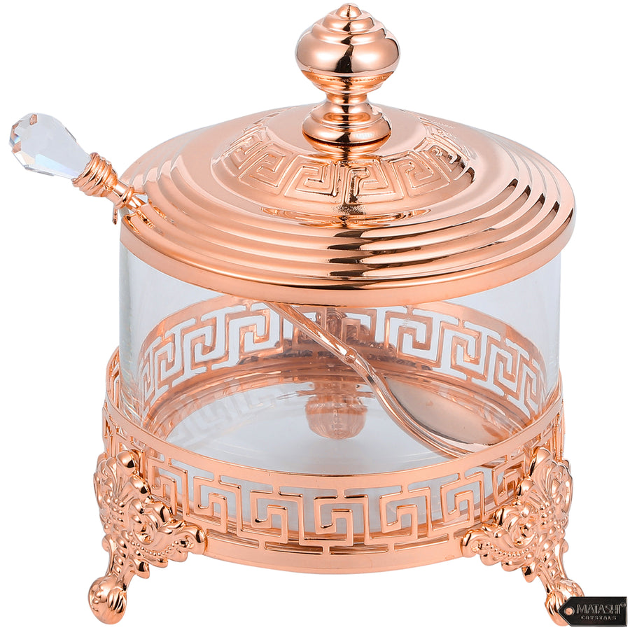 Matashi Rose Gold Sugar Bowl, Honey Dish, Candy Dish Glass Bowl - Contemporary Design with Crystal Studded Spoon Gift Image 1