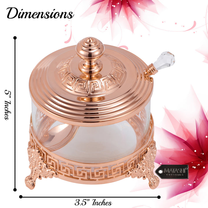 Matashi Rose Gold Sugar Bowl Honey Dish Candy Dish Glass Bowl - Contemporary Design with Crystal Studded Spoon Gift for Image 6