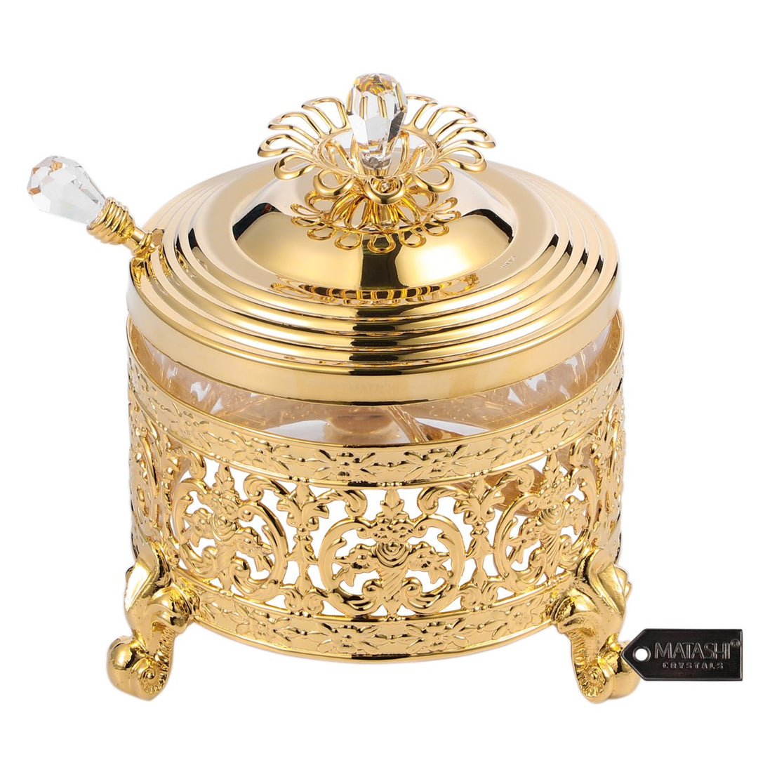 Matashi 24K Gold Plated Sugar Bowl Honey Dish Glass Bowl - Detailed Intricate Design and Flower on Cover with Crystal Image 1