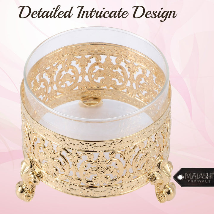 Matashi 24K Gold Plated Sugar Bowl Honey Dish Glass Bowl - Detailed Intricate Design and Flower on Cover with Crystal Image 4