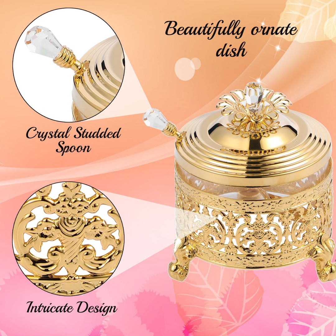 Matashi 24K Gold Plated Sugar Bowl Honey Dish Glass Bowl - Detailed Intricate Design and Flower on Cover with Crystal Image 6