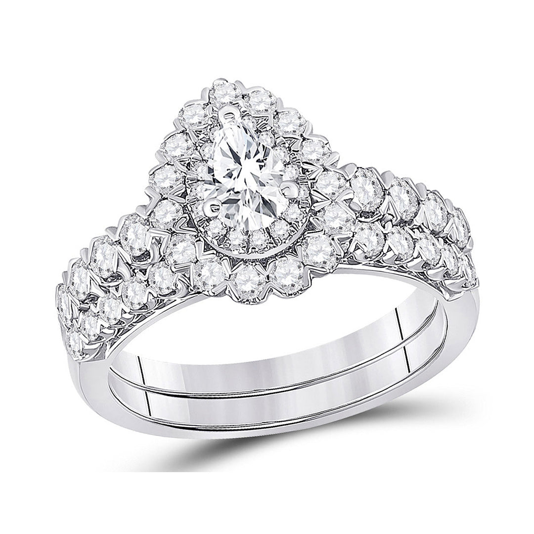 1.50 Carat (ctw G-H I1-I2) Pear-Cut Diamond Engagement Ring and Wedding Band Set in 14K White Gold Image 1