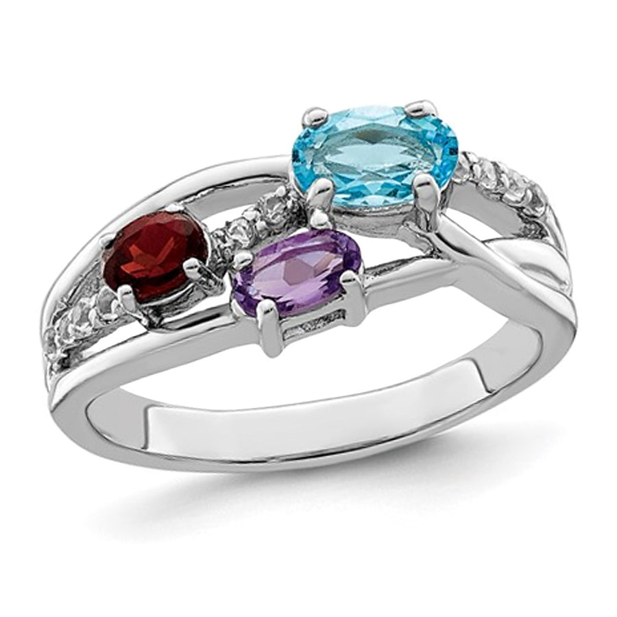 1.00 Carat (ctw) Blue Topaz Garnet and Amethyst Ring in Sterling Silver Image 1