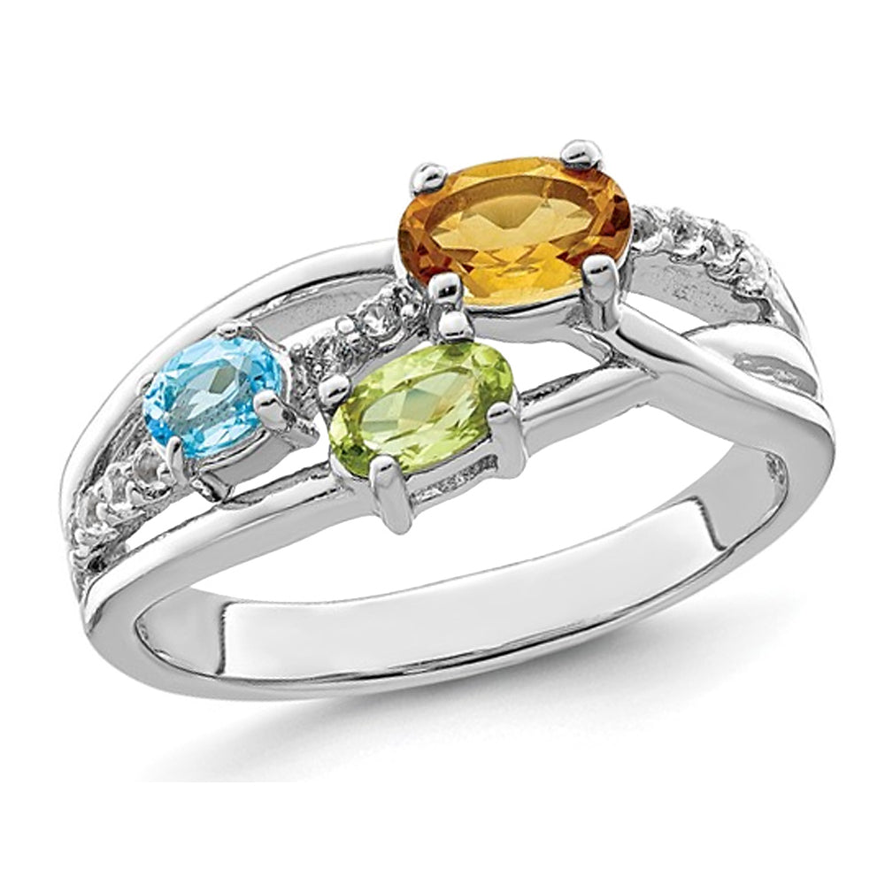 9/10 Carat (ctw) Blue Topaz Peridot and Citrine Ring in Sterling Silver Image 1