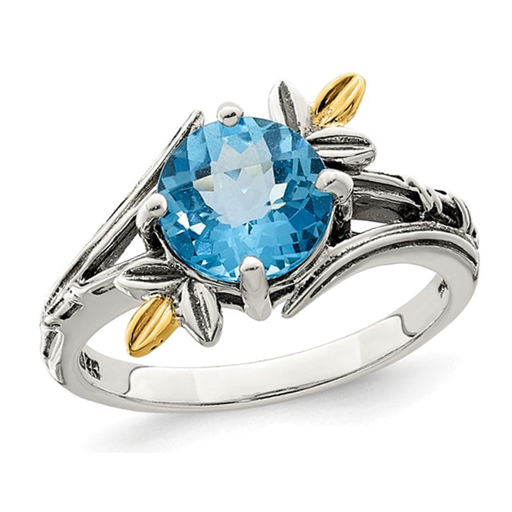 2.05 Carat (ctw) Blue Topaz Floral Ring in Sterling Silver with Yellow Accents Image 1