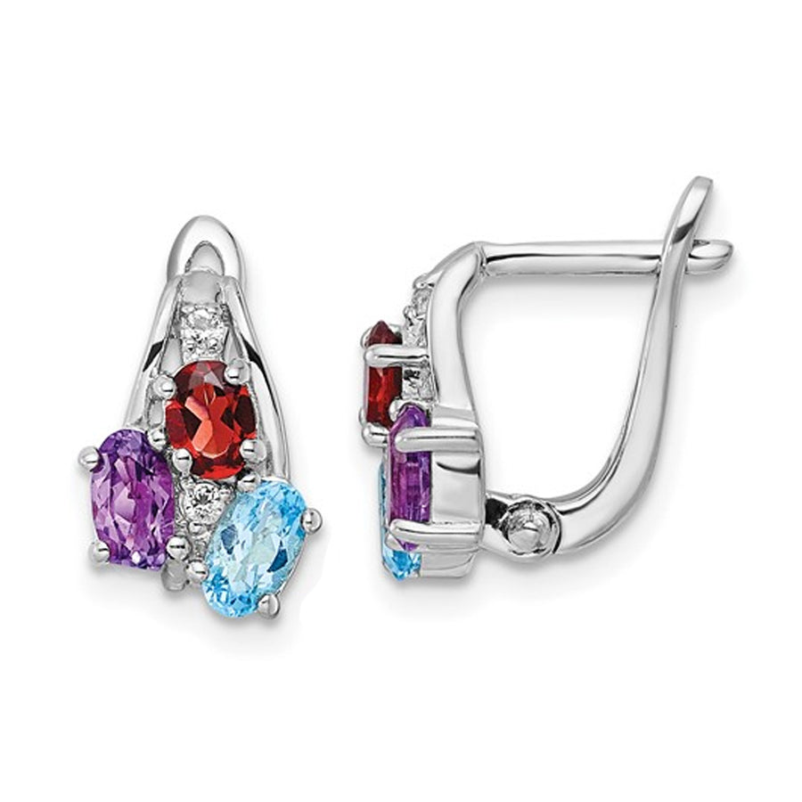 1.40 Carat (ctw) Oval Blue Topaz Garnet Amethyst Hinged Earrings in Sterling Silver Image 1